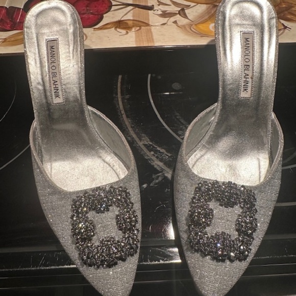 MANOLO BLAHNIK Metallic Silver Crystal Buckle CASSIADO Heel Sandals EU 41 - Picture 2 of 16